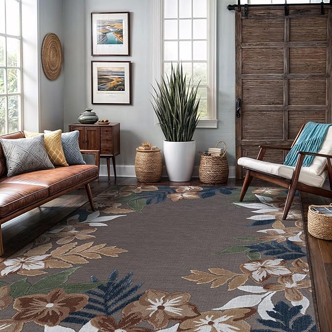 Outdoor Rug 9x12 Washable Area Rugs Indoor Outdoor Carpets Brown Border Floral Non Shedding Waterproof Easy Clean Patio Deck Porch Living Room Bedroom Garden RV (9 X 12 Brown)