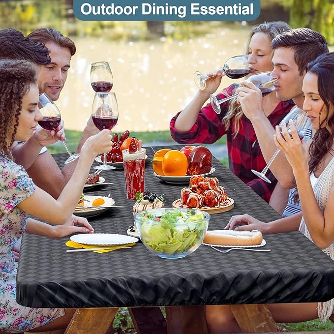 Picnic Table Cover with Bench Covers Portable Table Cloth Built-in Storage Pocket Picnic Table Covers With Elastic Waterproof Camping Essentials for RV Camping