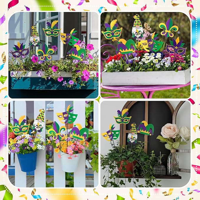 Pickmesh 6 Pcs 12" H Mardi Gras Metal Yard Sign Metal Yard Sign Barn Garden Stake for Mardi Gras Planter Pot Walkway Pathway Outdoor Decor Lawn Decoration