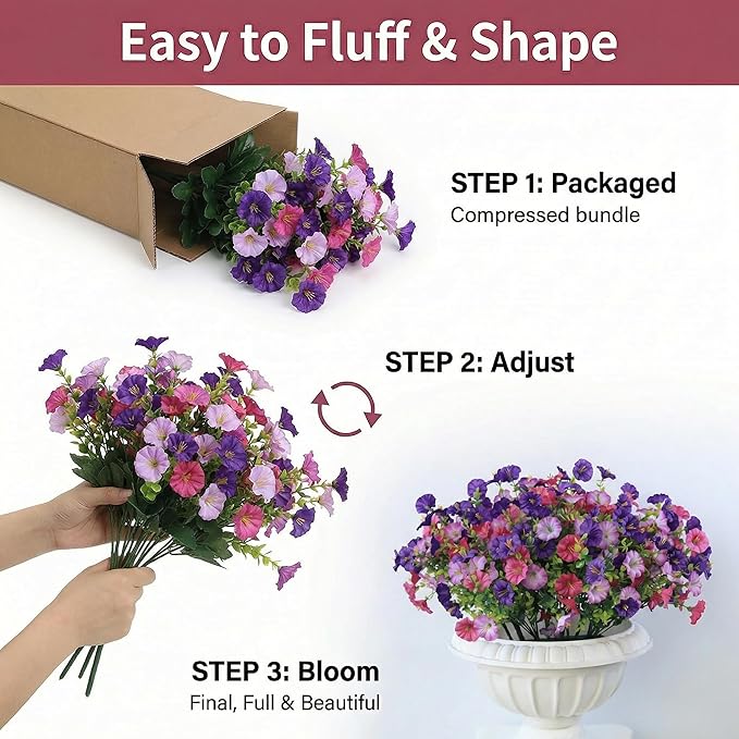 12Pcs Artificial Outdoor Flowers for Outdoors, Faux Silk Realistic Morning Glory Floral Arrangement Planter UV Resistant for Porch Patio Window Box Balcony Garden Decor (12pcs Mixed Purple)