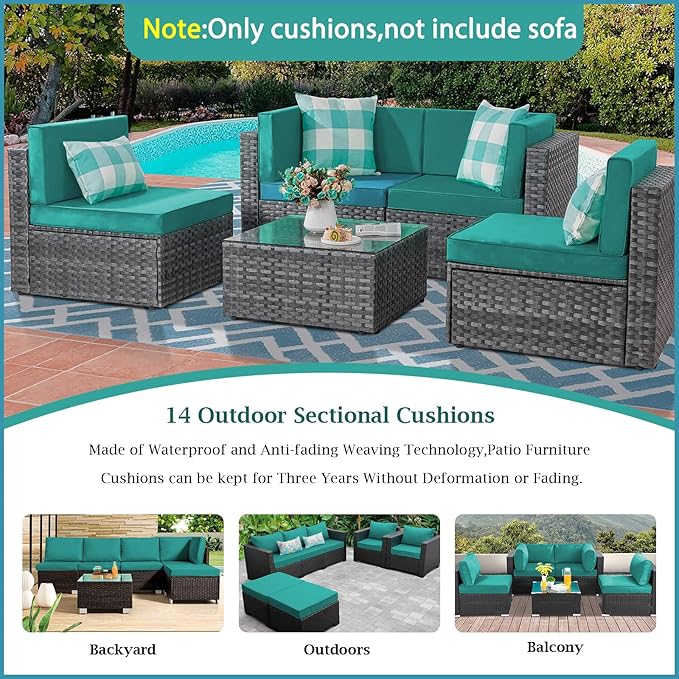 Outdoor Sectional Cushions, 4" Foam High-Density, Water-Resistant Couch Cushions Replacement Set, 14 Piece Patio Sectional Cushion for 6-Seat Sectional Patio Conversation Sets (Lake Blue)