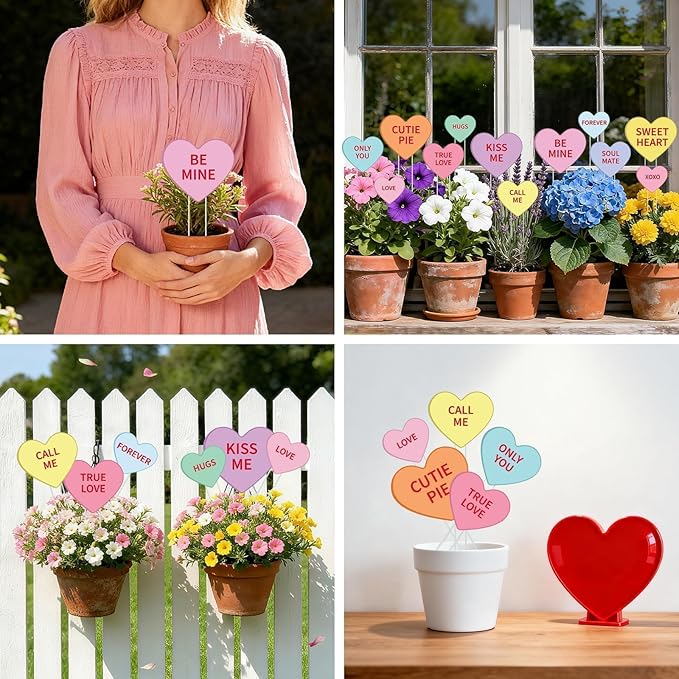 12 Pcs Valentine's Day Planter Stakes for Outdoor Valentine's Yard Decorations Conversation Heart Shaped Yard Signs Decorative Heart Garden Stakes for Outside Lawn Patio Porch Pot Decor