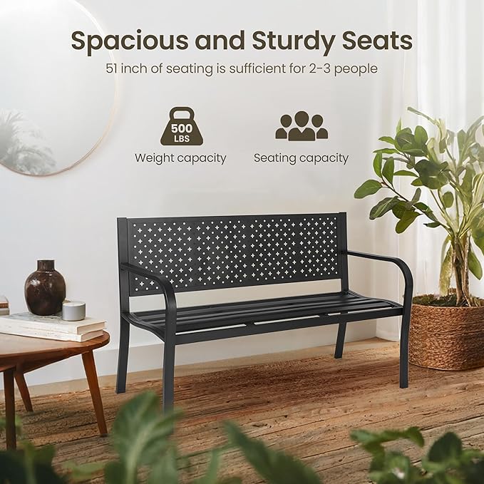 BODIOO Patio Metal Garden Bench Outdoor Park Benches, Iron Steel Frame Chair Mesh Pattern 500 lbs - Park Yard Front Porch Bench Path Yard Outside Lawn Decor Deck Furniture, Black