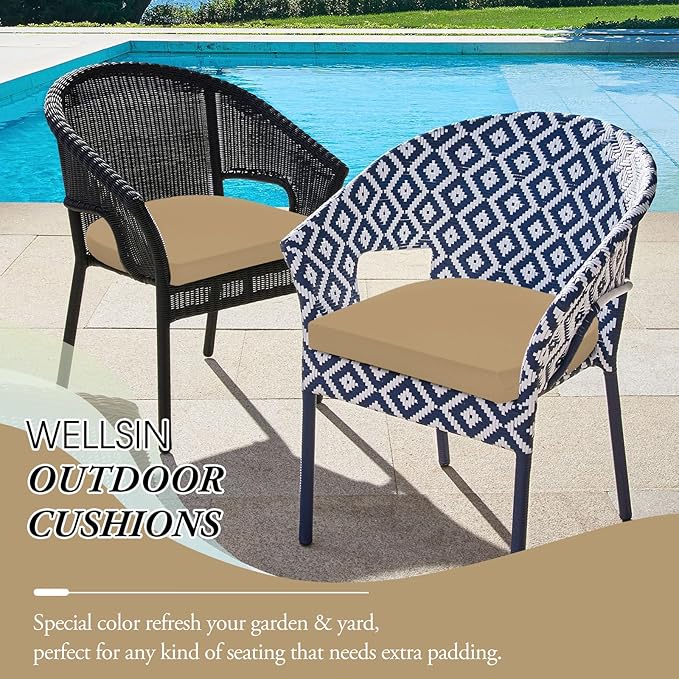 Wellsin Outdoor Chair Cushions for Patio Furniture - Patio Chair Cushions Set of 4 - Water Resistant Round Corner Outdoor Seat Cushions 17"X16"X2", Khaki