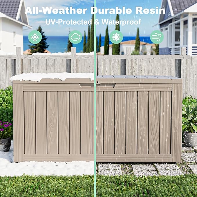86 Gallon Outdoor Deck Box, Lockable Waterproof Outdoor Storage Boxes For Garden Tools,Indoor Cushions,Accessories Outside Storage Resin Weatherproof Container(Grey)