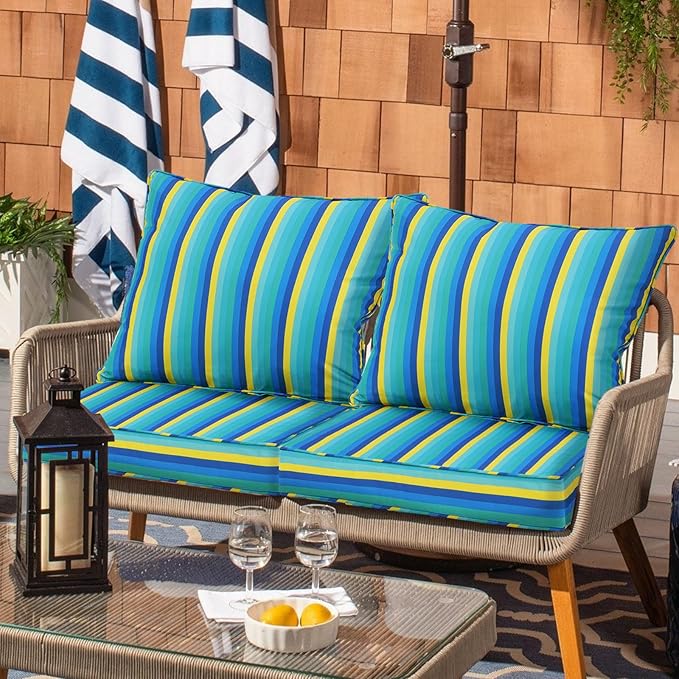 Outdoor Deep Seat Cushion Set 22 x 22 Inch, Waterproof Fade Resistant Patio Furniture Deep Seat & Backrest Cushion Set with Removable Cover for Pation Furniture (Stripe Beach, 22" x 22" + 22" x 19")