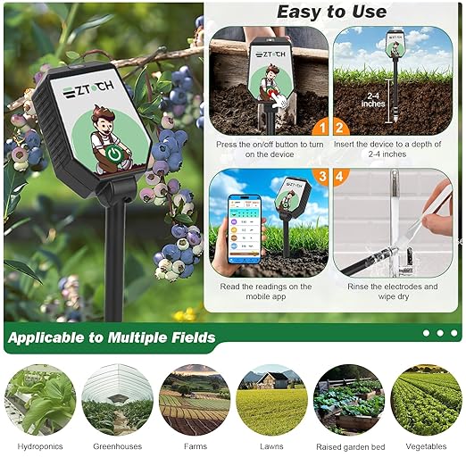 Bluetooth Soil pH EC Tester, Smart Plant pH Fertility Meter, 8 in 1 pH EC Fertility Temp Salt Moisture Light Intensity Air Humidity Monitor for Blueberry, Garden, Lawn, Raised Garden Beds