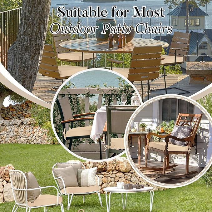 Basic Beyond Outdoor Chair Cushions for Patio Furniture, Waterproof Outdoor Seat Cushions Set of 4 19 x 19, Patio Chair Cushions Set of 4 with Ties and Handle, Beige White