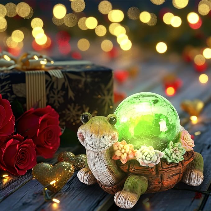 Solar Turtle Garden Statue Lights for Outdoor Decor with Succulent and LED Lighting - Lawn Decoration Resin Tortoise Figurine for Patio Yard Balcony Ornament - Valentine Day Gifts for Mom Grandma