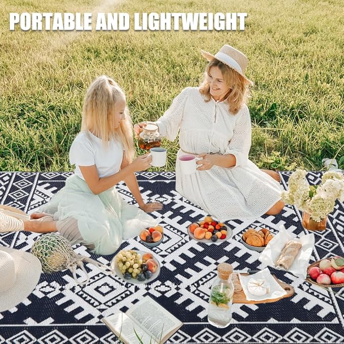 Pendolr 5’x8’ Outdoor Rug Waterproof Carpet Patio Mat Outdoor Plastic Straw Rug Camping Rug Reversible Outside Outdoor Area Rug for Balcony Deck Backyard RV Picnic Beach Navy&White 03#