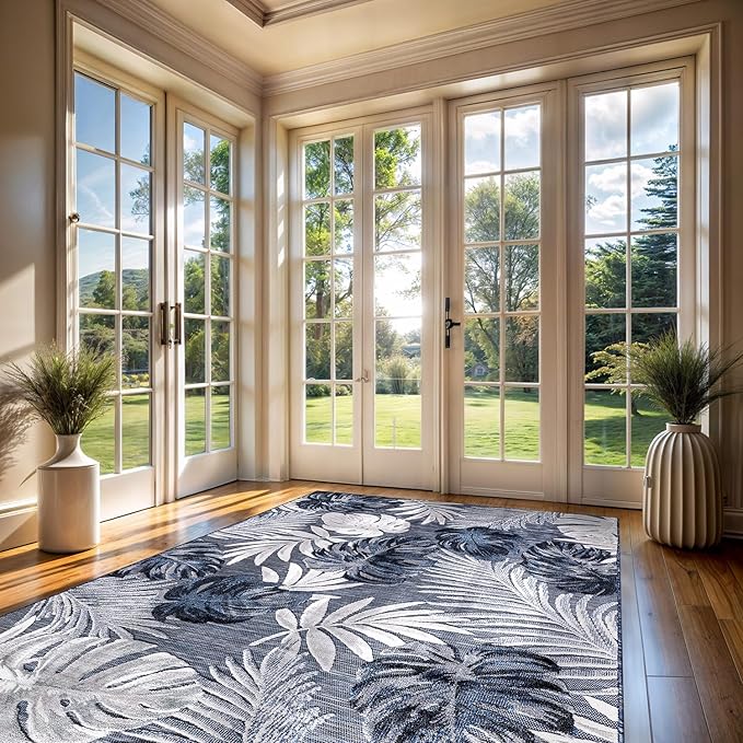 CAMILSON Indoor Outdoor Rug, Navy 7’10”x10’ Leaf Tropical Botanical Area Rugs for Indoor and Outdoor patios, Easy-Cleaning Non-Shedding Living Room, Garden and Kitchen Washable Outside Carpet (8x10)