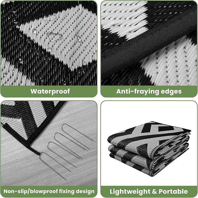 6x9 Outdoor Patio Rug with Carry Bag, Waterproof Outdoor Plastic Straw Rug RV Camping Rug, Reversible Picnic Mat Outside Carpet for Backyard, Porch, Balcony, Deck, Black & Light Grey