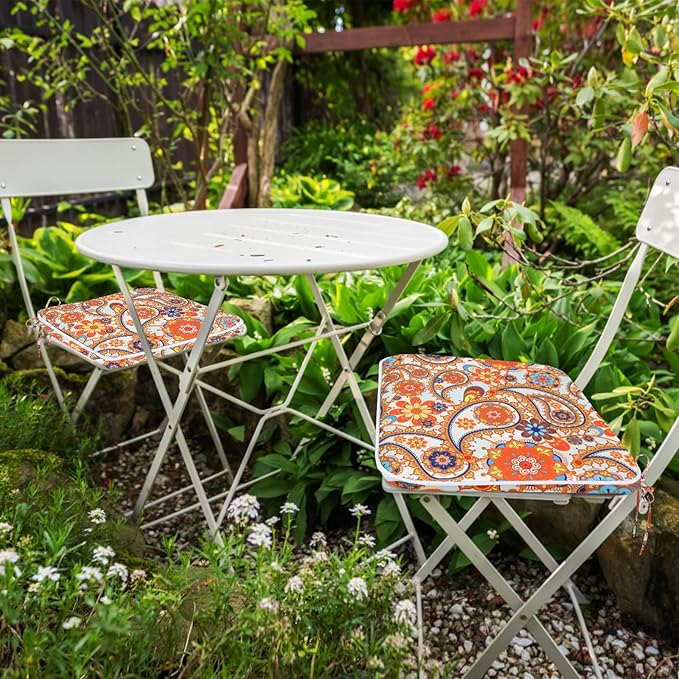 GUEGLSA Outdoor Indoor Waterproof Seat Cushions,16x16 Inches Patio Chair Cushion with Ties,Machine Washable Seat Pad for Home Garden Kitchen Dining Office Chair,Set of 2, Orange Paisley