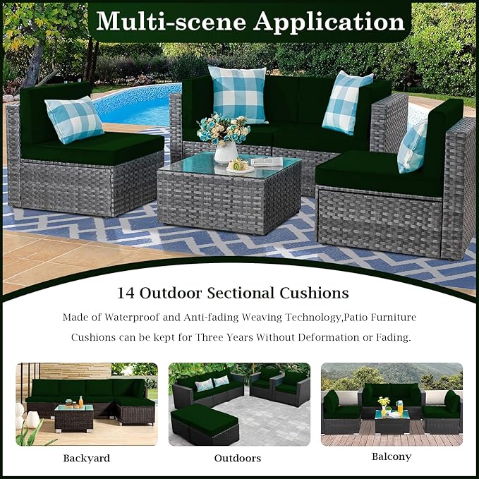 Outdoor Sectional Cushions, 4" Foam High-Density, Water-Resistant Couch Cushions Replacement Set, 14 Piece Patio Sectional Cushion for 6-Seat Sectional Patio Conversation Sets (Dark Green)