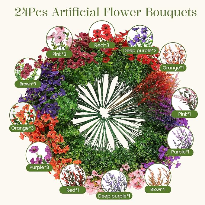 SHareconn 24 Bundles Artificial Flowers for Outdoors Decoration, Faux Plants Fake Silk Colorful Daisy Eucalyptus Lavender, UV Resistant for Outside Home Porch Indoor Spring Decor, 6 Colors incl. Brown