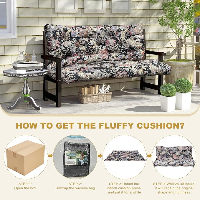 60" Porch Swing Cushion with Backrest, Waterproof Outdoor Bench Swing Cushions 3 Seater Replacement Thickened Swing Cushions with Ties for Patio Garden Backyard,Vintage Paisley,60x40in