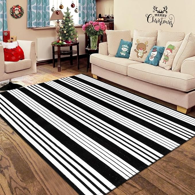 OJIA Outdoor Rug 5'x7' Patio Rug, Machine Washable Black and White Outdoor Rug Cotton Woven Area Rug Living Room Rug Farmhouse Indoor Carpet for Front Door/Porch/Deck/Backyard/Balcony Decor