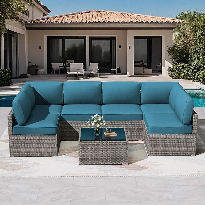 Patio Cushions for Outdoor Furniture,Water-Resistant Outdoor Cushions for 6 Seat Outdoor Sectinal,25.3"×25.3" Deep Seat Sofa Cushions, 14-Piece Outdoor Couch Cushions,Peacock Blue