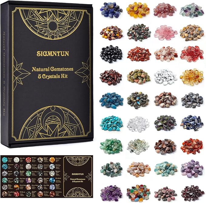 Polished Healing Crystal Chips Stones Set, 36 Different Natural Gemstone Types, 2.5 lbs 0.3" Tumbled Decorative Rocks Collection for Chakra, Meditation, Reiki, Crafts