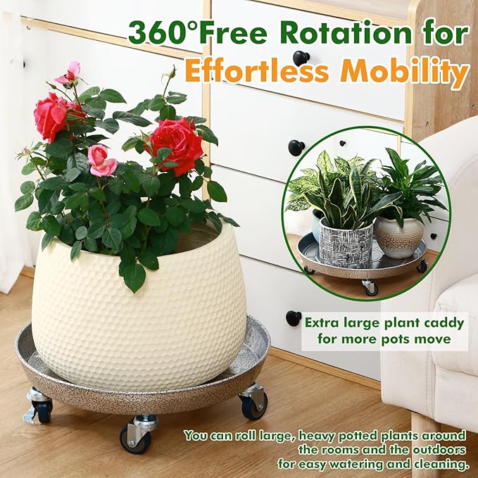 Planterhoma 3 Packs 20 Inch Metal Plant Caddy with Wheels Extra-Large Rolling Plant Stand Heavy-Duty Iron Plant Dolly Casters for Indoor Outdoor Flower Pot Mover Roller Coasters, Silver-Black