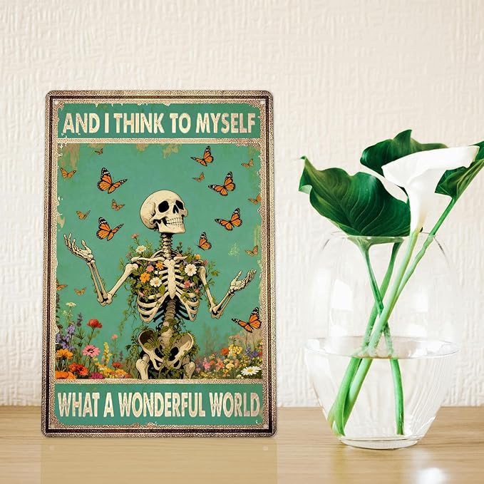 Retro Garden Metal Signs Vintage Skull Poster Wildflower Decor - And I Think To My Self What a Wonderful World Sign, Flowers Butterfly Wall Decor for Home, Garden, Bedroom, Living Room 8x12 Inch