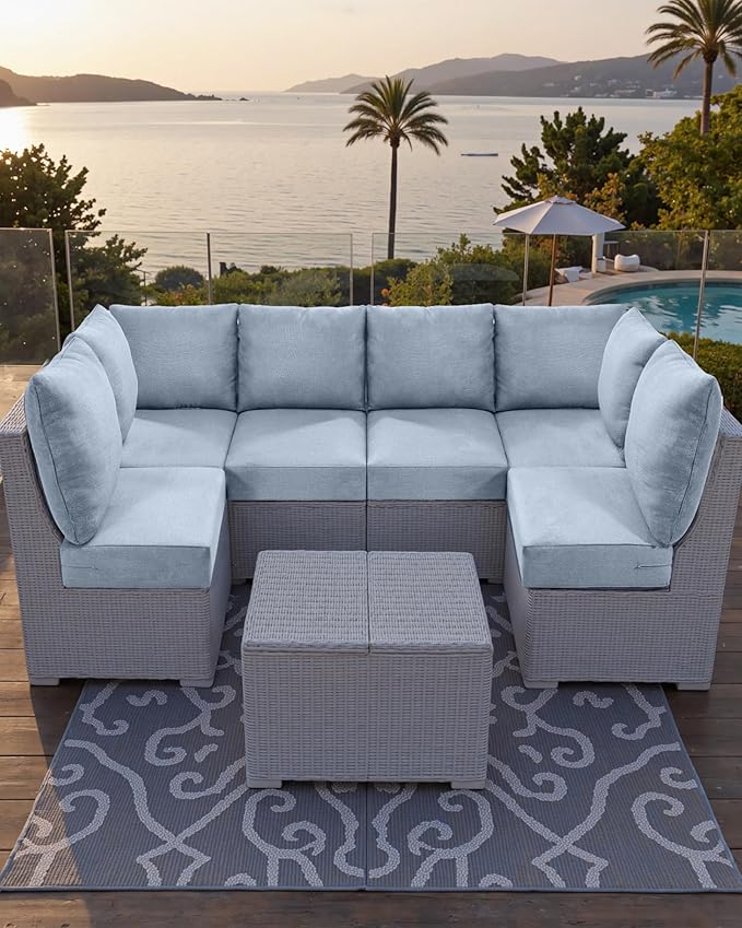 Luxury 24x24x6 Outdoor Corner Cushion 1 Set - Water-Repellent 3-Piece Cushion Set with Zipper for Outside Wicker Sofa Loveseat Chair Sectional Patio Conversation Sets - Baby Blue/Classic