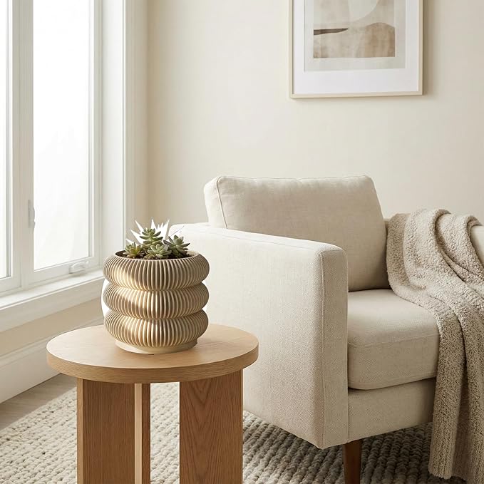 Modern 3D Printed Planter Pot, Minimalist Ripple Design, Lightweight PLA Material, Round Shape with Drainage and Saucer, for Succulents and Indoor Plants (Wood, 4.7")