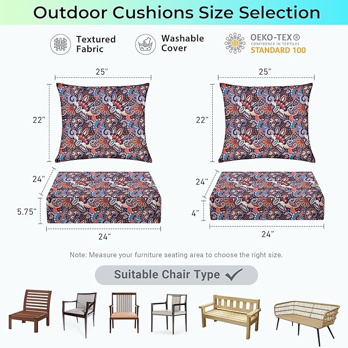 Outdoor Cushions for Patio Furniture,Outdoor Seat Cushion Set 24 x 24 x 4 Inch,Waterproof & Fade Resistant Outdoor Chair Cushions,Deep Patio Chair Cushion with Removable Cover,Artistic Floral