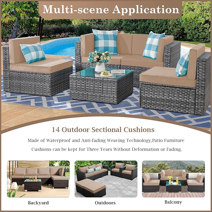 Outdoor Sectional Cushions, 4" Foam High-Density, Water-Resistant Couch Cushions Replacement Set, 14 Piece Patio Sectional Cushion for 6-Seat Sectional Patio Conversation Sets (Beige)