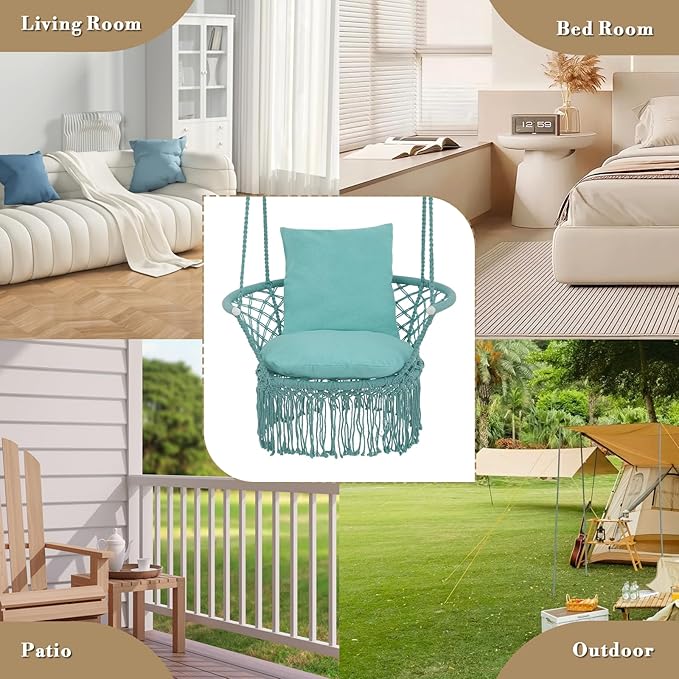 Athena Collection Hammock Swing Chair with Cushion, Outdoor Macrame Chair with Mounting Hardware, Max 350 Lbs, Large Cotton Rope Hanging Chair for Outdoor Indoor Porch Garden, Green