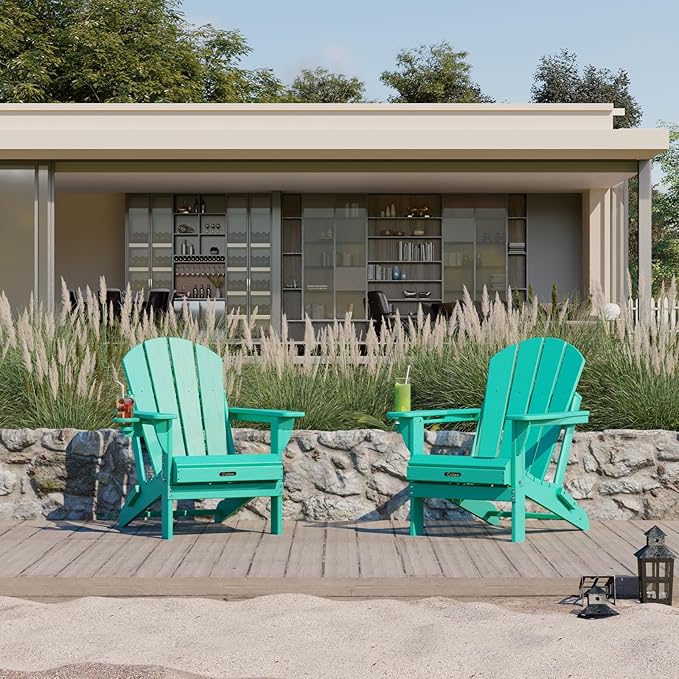 Ciokea Folding Adirondack Chair Wood Texture, Patio Adirondack Chair Weather Resistant, Plastic Fire Pit Chair with Cup Holder, Lawn Chair for Outdoor Porch Garden Backyard Deck (Lake Blue)