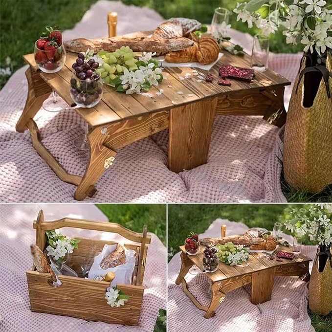 Yuehuam 2 in 1 Folding Wooden Picnic Basket Table, Wooden Outdoor Folding Picnic Table with 4 Glass Holder for Romantic Camping Park, Party, Garden Concerts