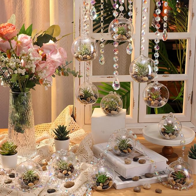 56 Pcs 3.15'' Hanging Glass Tealight Holder Globe with K9 Crystal Garland Strands,Teardrop Pendant Hanging Tealight Candle Holder Orbs Air Plant for Wedding Centerpiece Party Decor (Colorful)