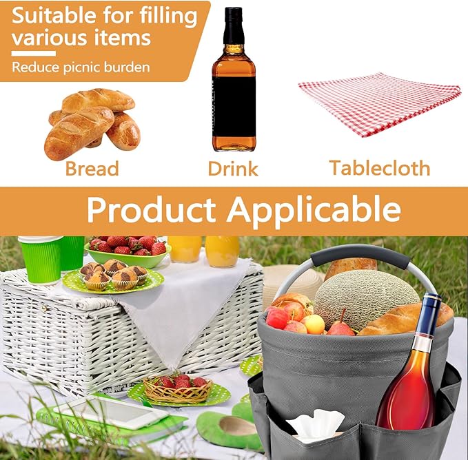 Deep Gray 17 L Picnic Garden Tool Bag with 6 Pockets, Foldable Bucket Organizer for Storage Camping Home Cleaning Products, Portable Garden Caddy Tote with Handle Harvest Basket (Deep Gray)