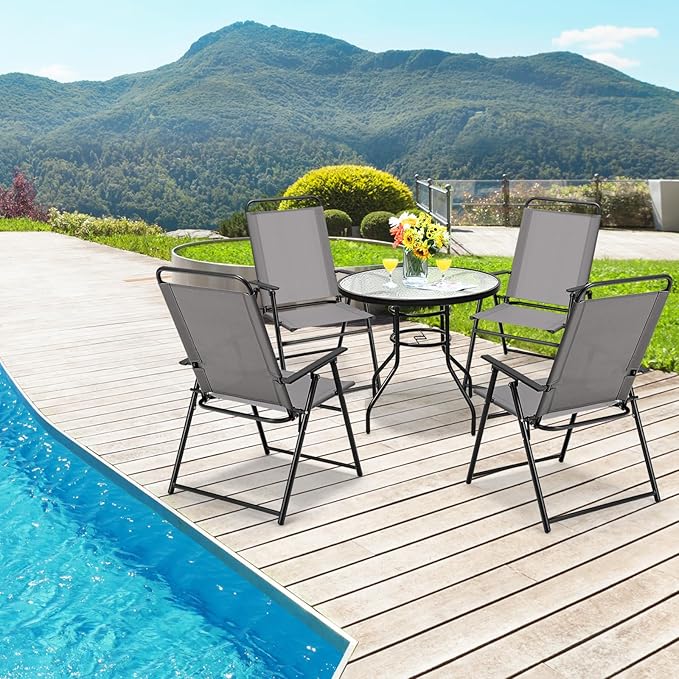Giantex Patio Chairs Set of 2, Outdoor Folding Chairs with Armrests, Metal Frame, Outside Foldable Dining Chairs for Lawn Deck Porch Beach Yard (Gray & Black)
