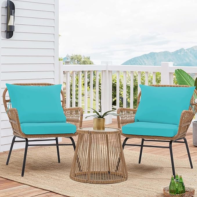 Outdoor Chair Cushions 3 Set,24 x 24 x 5IN, Patio Deep Seat Cushion for Patio Furniture, Waterproof & Fade Resistant Thick Deep Seating Pads for Outside Wicker Ratten Chair Sofa Couch,Lake Blue