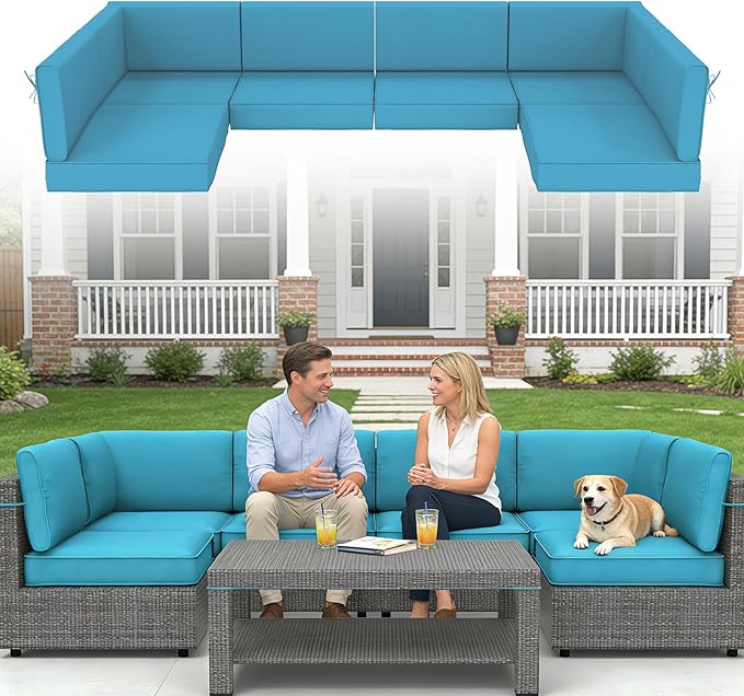 14 Pcs Outdoor Replacement Cushions for Patio Furniture, All Weather Water Resistant Cushion for 6 Seat Rattan Wicker Sectional Patio Conversation Sets and Couch (Lake Blue)