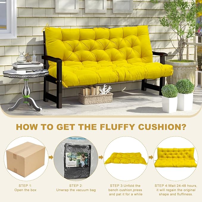 60" Porch Swing Cushion with Backrest, Waterproof Outdoor Bench Swing Cushions 3 Seater Replacement Thickened Swing Cushions with Ties for Patio Garden Backyard,Yellow,60x40in