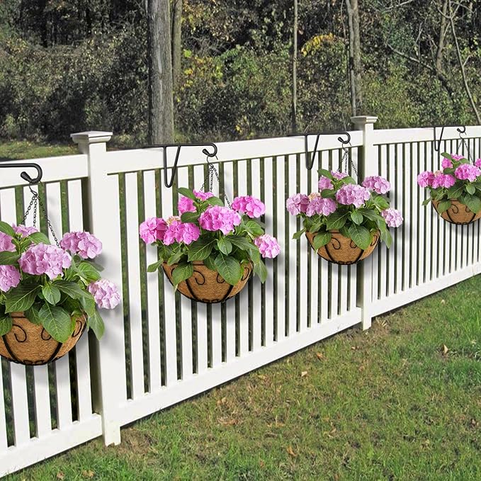 4 Pack Vinyl Fence Hooks, Patio Hangers Decorative Black Powder Coated Steel Fence Hangers Suitable for Hanging Flower Baskets - Wind Chimes - Planters - Bird Feeders -Lights (4 Pack-Black)