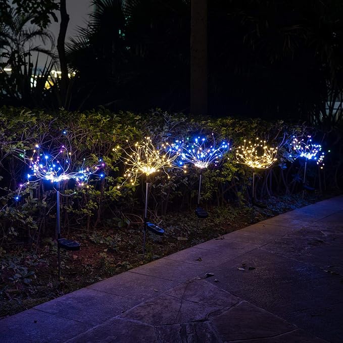 HELESIN Christmas Outdoor Solar Garden Lights,105 LED Solar Powered Decorative Stake Landscape Light DIY Flowers Fireworks Stars for Walkway Pathway Backyard Christmas Party Decor 2 Pack(Mulit-Color)