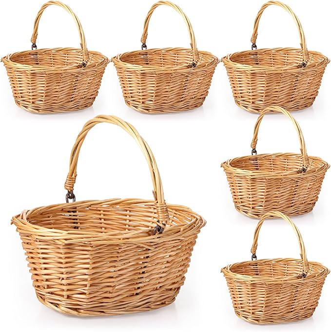 Barydat 6 Pcs Small Wicker Picnic Basket with Handle Flower Girl Baskets Oval Willow Woven Braided Gift Basket for Easter Weddings Baby Shower Home Garden Decor (Khaki,9" x 7" x 4")