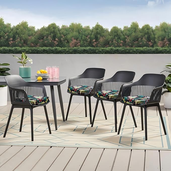 Outdoor Chair Cushions Set of 4, 18.5 x 16 Inch Patio Chair Cushions for Outdoor Furniture, Water Resistant, Non-Slip Ties(Black Floral)