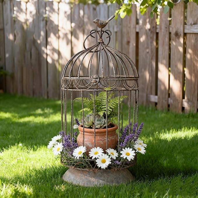 Rustic Vintage Birdcage Planter Holder Farmhouse Distressed Decorative Metal Round Plants Stand with Latch Lock Closure and Hanging Hook for Table Garden Patio Home Indoor Outdoor Centerpiece Decor
