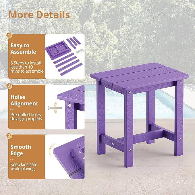 LUE BONA Outdoor Side Table, HDPS Small Outdoor Table, Adirondack Side Table, Outside End Table for Patio, Porch, Deck, Pool, Weather Resistant/Easy Maintenance/Indoor or Outside Use, Purple