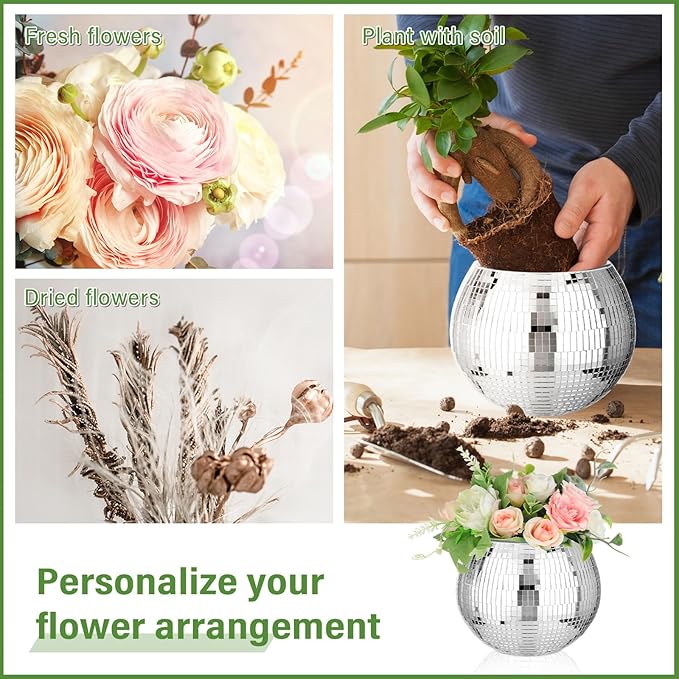 6 Pieces Disco Ball Flower Vase Mirror Disco Ball Glass Planter Candle Holder Glass Vase Bulk for Wedding Centerpieces Bedroom Kitchen Office Decoration Birthday (Silver, 5 x 6 Inch)