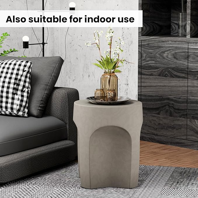SUNBURY Outdoor Side Tables for Patio Set of 2, Concrete Accent End Table, Indoor Small Round Patio End Table, Garden Stools for Yard, Arch Shape Cement Color
