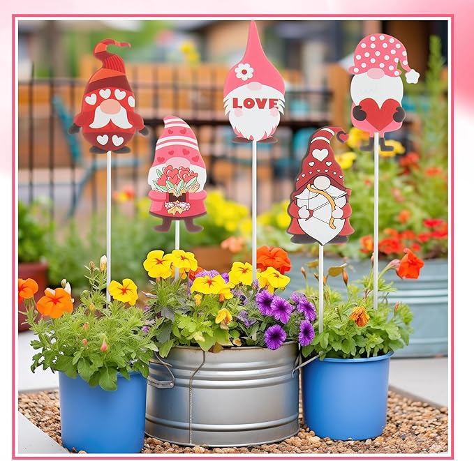 Novabright 12 Pcs 12'' Valentine's Day Metal Gnomes Yard Planter Stakes Valentines Gnomes Garden Stakes Potted Plant Signs Outdoor Decorations for Planter Pot Lawn Patio Wedding Party Decor