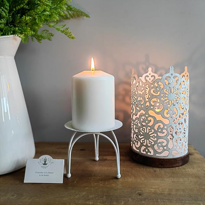 Hosley Set of 2 Whitewashed Iron Pillar Candle Holders – 3.6” Height – Ideal for LED and Pillar Candles, Weddings, Parties, Home Décor, Spa, Reiki, and Aromatherapy