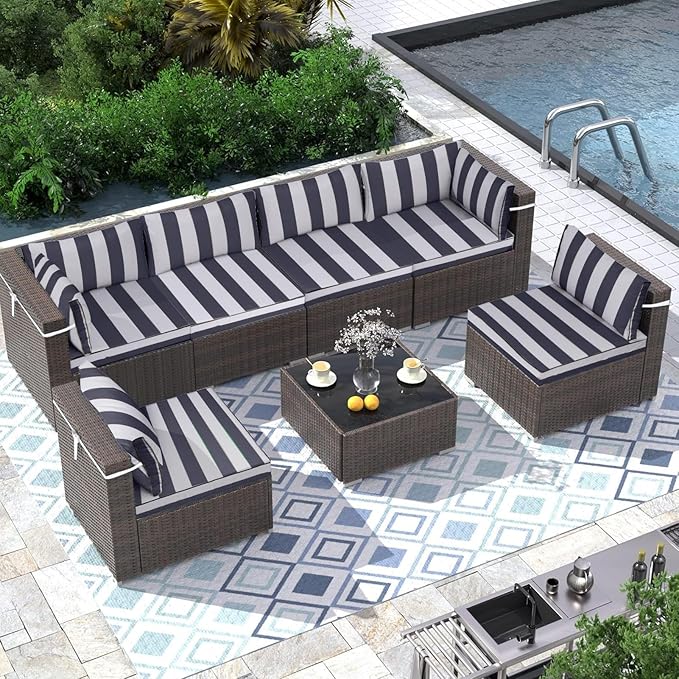 Outdoor Sectional Cushions Replacement Set, 26x26in Patio Furniture Cushions, 14 Pieces Waterproof Outdoor Couch Cushion for 6 Seat Wicker Conversation (Navy Blue with White Stripes)