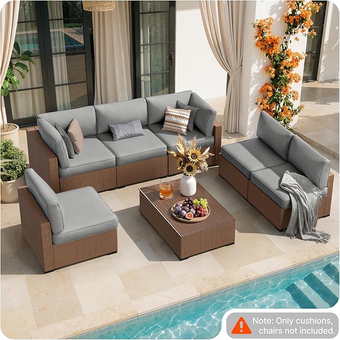 SUNCOZE 14-Piece Outdoor Cushions for Patio Furniture, 25.6"x25.6" Couch Cushion Replacement Designed for 6-Seat Sectional Sofa Sets, Anti-Slip Patio Cushions for Garden, Backyard, Porch (Grey)